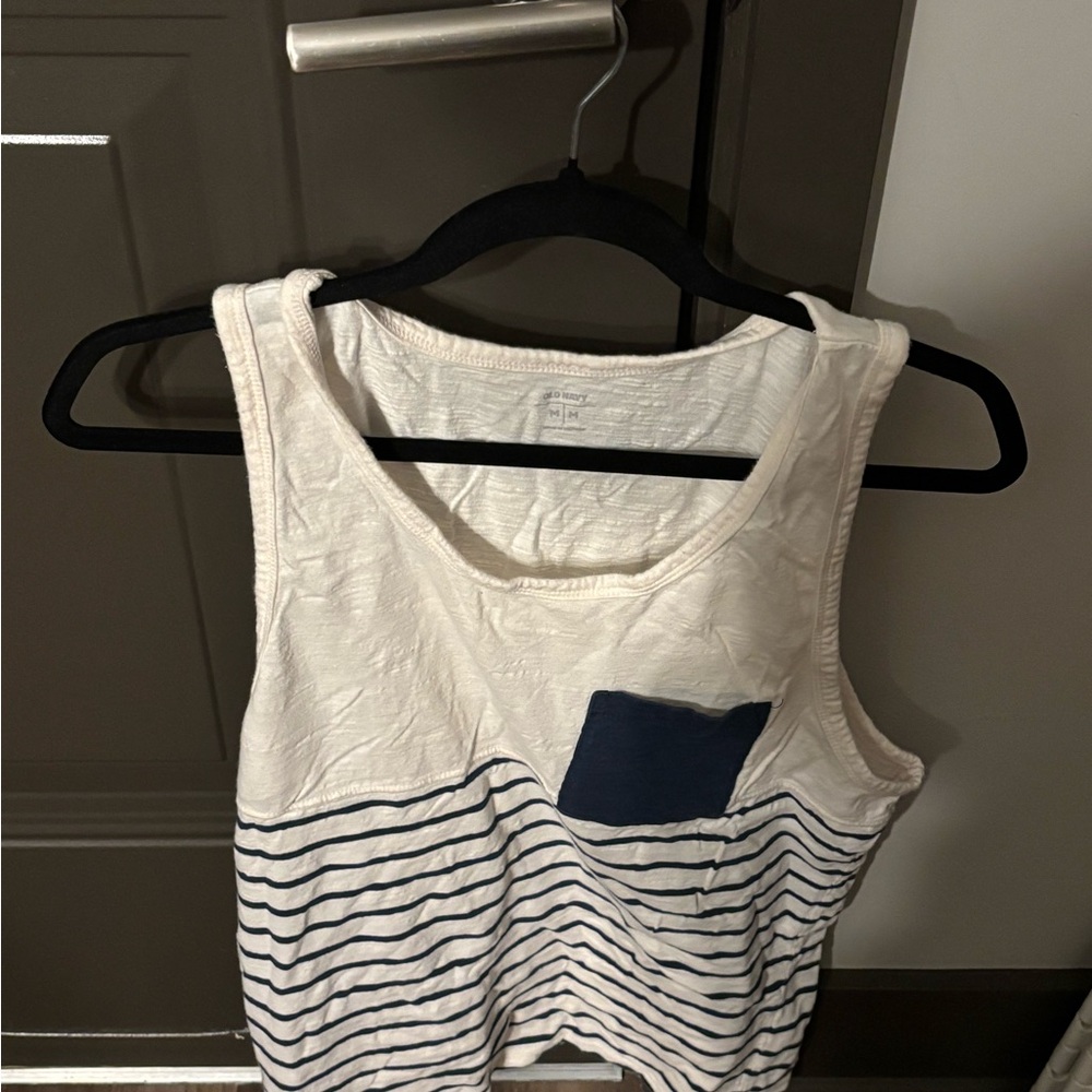 Old Navy White Tank Top with Navy Stripes and Navy Pocket